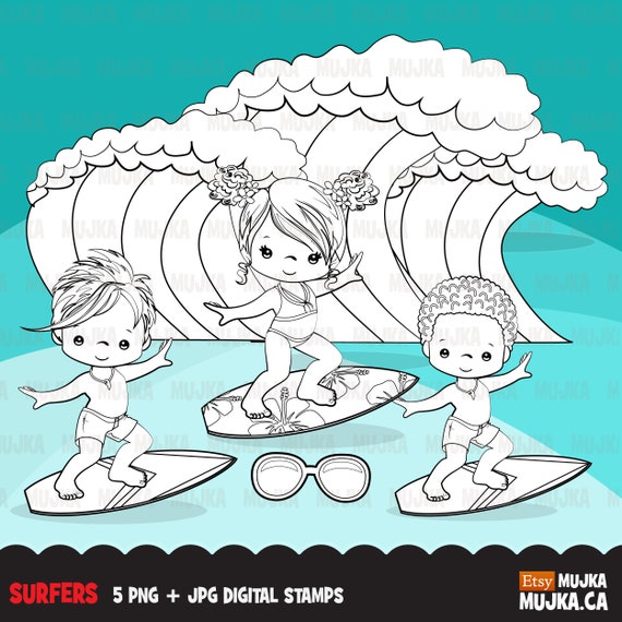 Surfer digital Stamps. Beach birthday. Summer surfers with surfboard and waves, trunks, outline clip art, B&W, embroidery digitizing Il_570xn