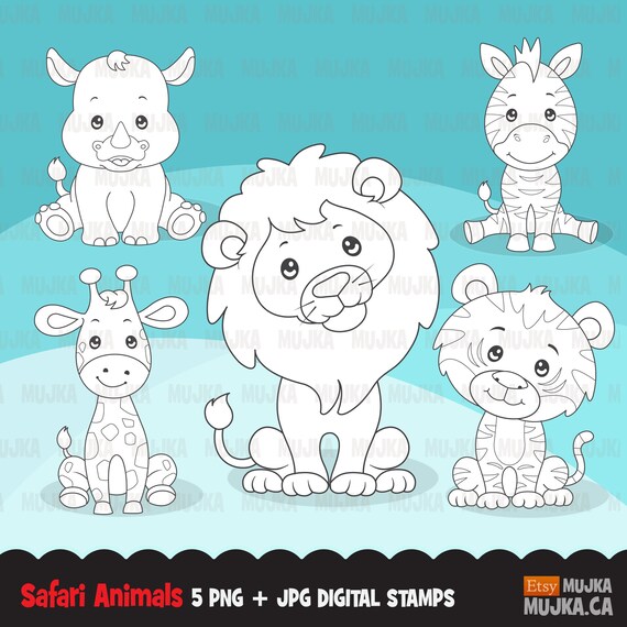 Safari Animals digital stamps. Cute lion, tiger, giraffe, zebra and rhino, coloring book outline animals, forest, baby animals, camping Il_570xn