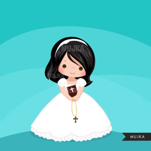 May include: A young girl in a white dress with a lace trim holds a brown book with a cross on the cover. She is wearing a black headband and has long black hair. She is smiling and looking at the camera. The background is a turquoise blue.