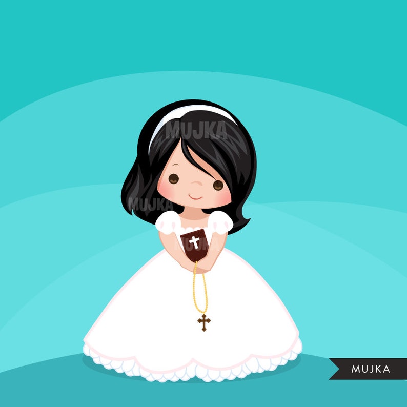 May include: A young girl in a white dress with a lace trim holds a brown book with a cross on the cover. She is wearing a black headband and has long black hair. She is smiling and looking at the camera. The background is a turquoise blue.