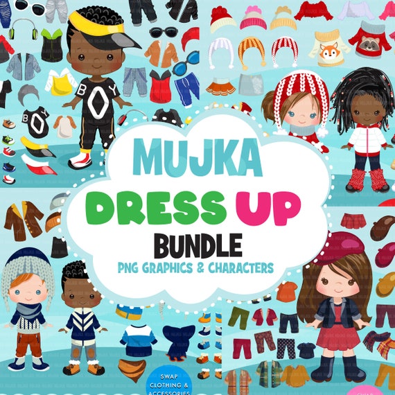 Paper doll clipart bundle, Winter outfits, winter Dress up Party, boy, girl fashion, black boy, afro girl png clip art, Sublimation Designs Il_570xn