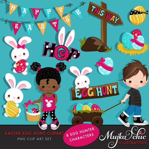Easter Egg Hunt Clipart with Cute Characters and Easter Bunny. Bunting banner, scavenger hunt, Easter hop, characters, black. Il_570xn