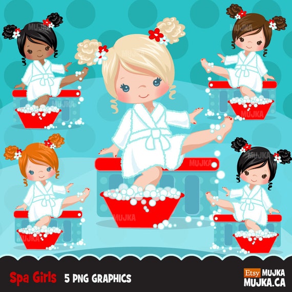 Spa party girl clipart graphics, bath, planner stickers, scrapbooking, digitized embroidery, commercial use, chore charts, cute character Il_570xn