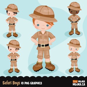 May include: Five illustrations of boys dressed in safari outfits. Each boy is wearing a brown safari hat, a brown short-sleeved shirt, brown shorts, and brown boots. The boys have different hair colors and skin tones.