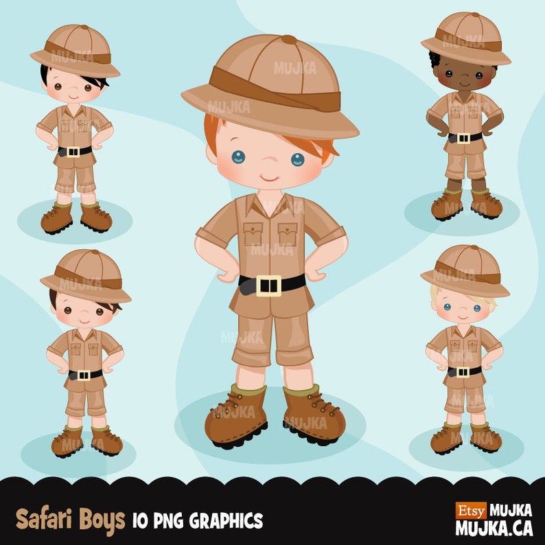 May include: Five illustrations of boys dressed in safari outfits. Each boy is wearing a brown safari hat, a brown short-sleeved shirt, brown shorts, and brown boots. The boys have different hair colors and skin tones.