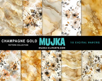 Champagne gold alcohol inks, Floral Digital Paper, Seamless Surface Patterns, Watercolor Scrapbook backgrounds