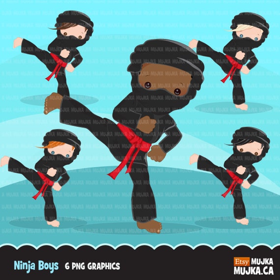 Ninja Clipart. Ninja boys, card making, , embroidery, black characters, asian, martial arts, red belt, sword Il_570xn