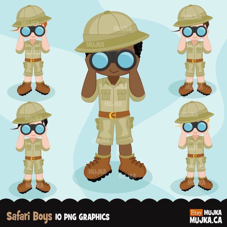 May include: Five cartoon safari boys wearing khaki shorts, shirts, and hats with binoculars. The boys are looking through the binoculars and have different skin tones.