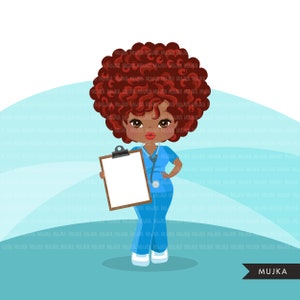 Afro woman nurse clipart with scrubs and patient chart African-American graphics, print and cut PNG T-Shirt Designs, Black Girls clip art image 2