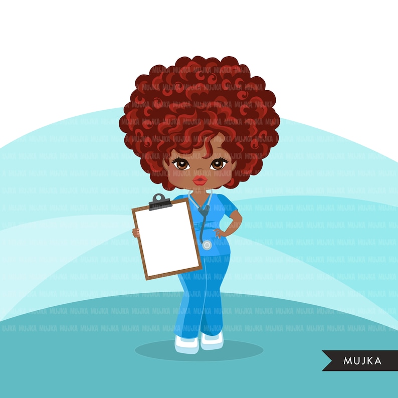 Afro woman nurse clipart with scrubs and patient chart African-American graphics, print and cut PNG T-Shirt Designs, Black Girls clip art image 2