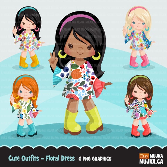 Little girl cute outfits clipart. Girls with floral dress birthday, school, toddler fashion graphic. Commercial use design, clip art, spring Il_570xn