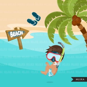 Beach Fun Clipart for Boys, Summer Cliparts. Beach, swimming boy, snorkel, surf board, sand bucket, beach ball, vacation palm tree clip art image 4
