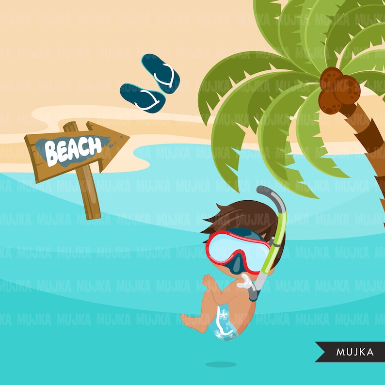 Beach Fun Clipart for Boys, Summer Cliparts. Beach, swimming boy, snorkel, surf board, sand bucket, beach ball, vacation palm tree clip art image 4