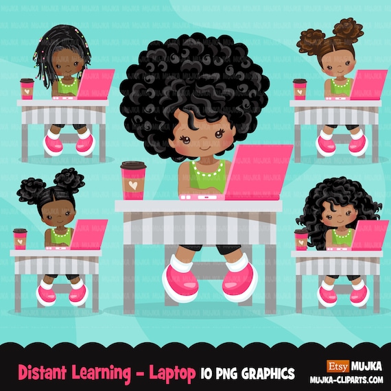 Distant Learning Clipart Black Girls With Pink Laptop Home Etsy