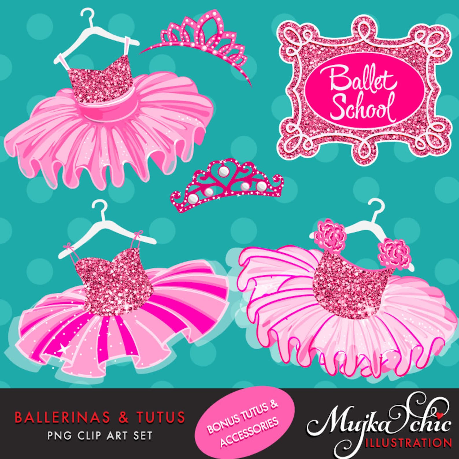 ballerinas and tutus hot pink glitter clipart, ballerina, hot pink tutu, hot pink tiara, ballet shoes, ballet dress, african ame