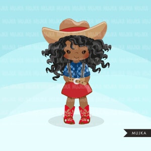 May include: A cartoon illustration of a girl wearing a red and blue plaid shirt, a red skirt, a brown cowboy hat, and red cowboy boots. She has long, curly black hair and brown eyes.