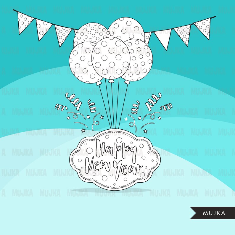 B/&W bunting banner decorations New year Digital Stamps champagne Celebration graphics gift bags scrapbook coloring outline art