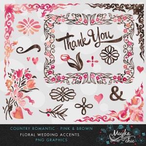 Country Wedding Pink & Brown Florals Clipart Instant Download Wedding Graphics and Wording with Watercolor Textures image 4