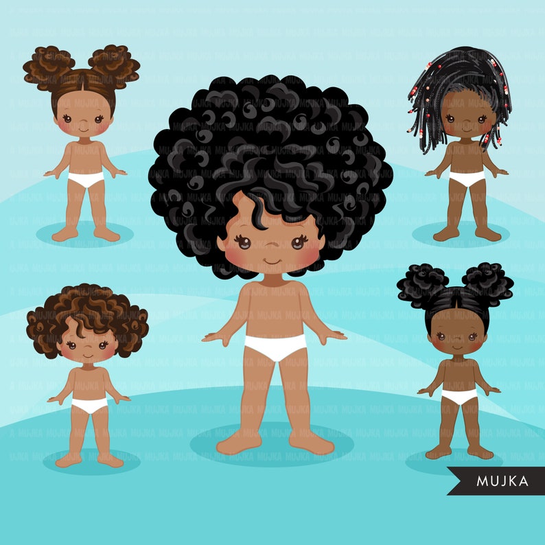 Clipart PNG di bambole di carta per ragazze nere, abiti alla moda, ragazze carine, scambia vestiti immagine 2