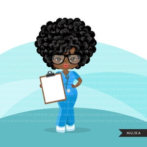 Afro woman nurse clipart with scrubs and patient chart African-American graphics, print and cut PNG T-Shirt Designs, Black Girls clip art image 4