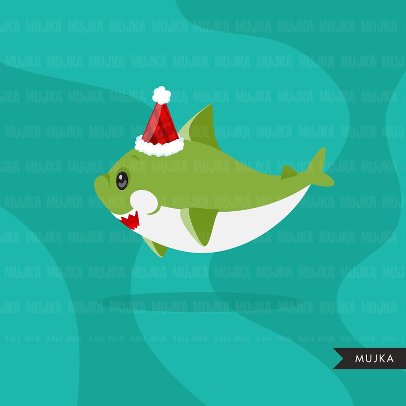 May include: A green and white shark wearing a red Santa hat. The shark is swimming in turquoise water with white wavy lines.