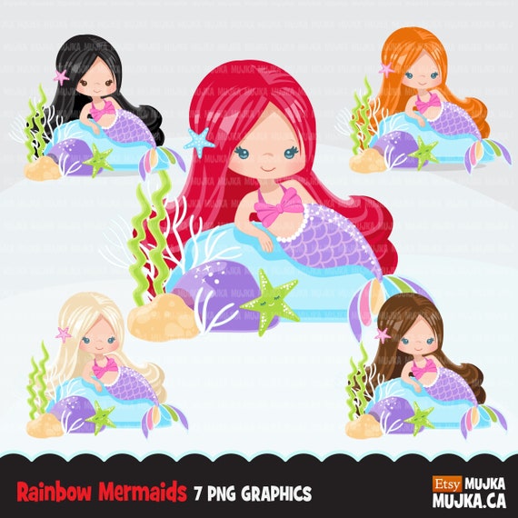Mermaid clipart, pastel rainbow mermaid graphics, card making, planner stickers, mermaid princess, birthday party, favors, toppers, clip art Il_570xn