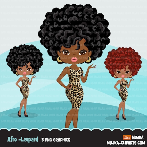 Afro woman clipart with leopard print African-American graphics, print and cut PNG T-Shirt Designs, Black Girls clip art Il_570xn