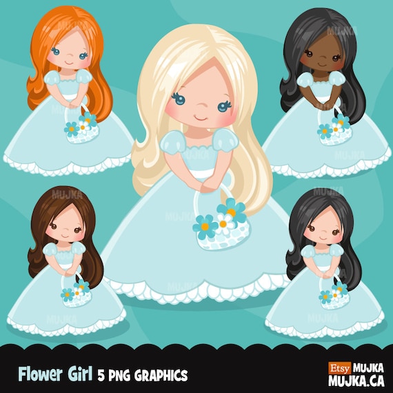 Flower girl Clipart. Cute blue girl graphics, summer, party printables, digitized embroidery, , chore charts, art, girls Il_570xn