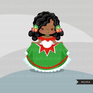 Puede incluir: Una ilustraci&oacute;n de dibujos animados de una ni&ntilde;a con un vestido verde, rojo y blanco con un borde de volantes blancos. Tiene el pelo casta&ntilde;o oscuro y los ojos marrones. Est&aacute; sonriendo.