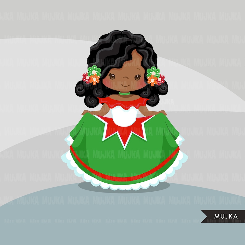 Puede incluir: Una ilustraci&oacute;n de dibujos animados de una ni&ntilde;a con un vestido verde, rojo y blanco con un borde de volantes blancos. Tiene el pelo casta&ntilde;o oscuro y los ojos marrones. Est&aacute; sonriendo.