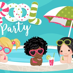 May include: Three girls in a swimming pool with a green and white striped umbrella. The girls are wearing sunglasses and holding drinks. The text "Pool Party" is written in pink and green letters at the top of the image.