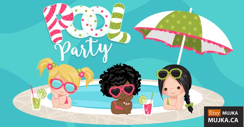 May include: Three girls in a swimming pool with a green and white striped umbrella. The girls are wearing sunglasses and holding drinks. The text "Pool Party" is written in pink and green letters at the top of the image.