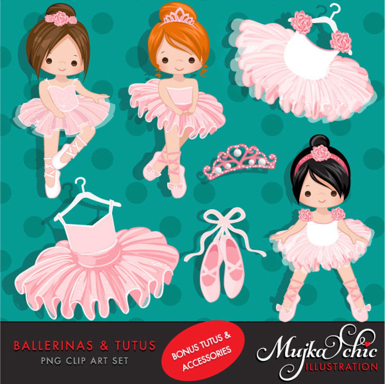 ballerina clipart with cute characters, pink tutu, ballet shoes graphics, ballet school, tiara, ballet dress, invitation, embroi