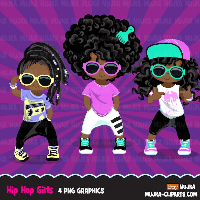 Afro Hip hop dancer girls clipart, break dance, rapping characters, black girl png clip art 