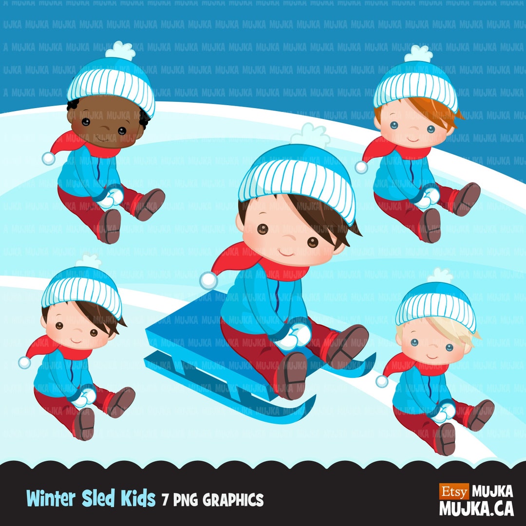 Winter Sled Snow Kids Clipart, Kids Sledding, Tobogganing, Winter ...