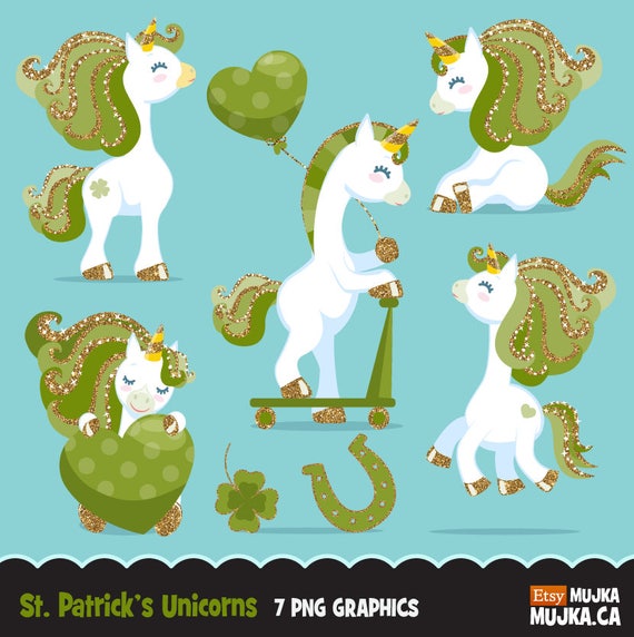 St. Patrick's day Unicorn Clipart, Gold glitter Irish unicorns, graphics, illustration, , scrapbooking, embroidery, lucky Il_570xn