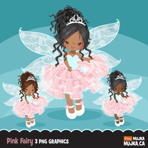Pink Fairy clipart. Cute fairy character graphics, angel wings, party printables, digitized embroidery, planner stickers, african american Il_570xn