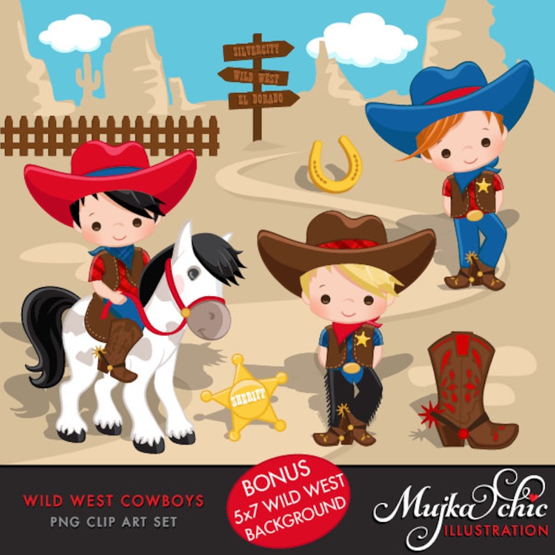 Cowboy Clipart, Wild West png, Cute Cowboy Clipart, Red & Blue, Cowboy boots, sheriff designs, cowboy png image 1