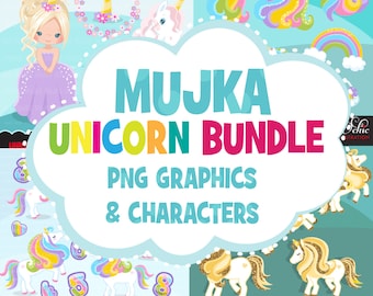 Unicorn PNG Clipart Bundle, Unicorn princess, numbers, Pastel rainbow birthday graphics for Sublimation Designs