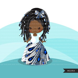 May include: A digital illustration of a young girl with dark skin, wearing a white shirt and a blue and white patterned skirt. She has long black dreadlocks with white beads and a blue bow in her hair.