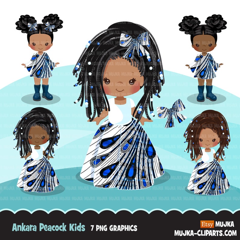 May include: Seven digital illustrations of children wearing Ankara fabric clothing. The children have dark skin, black hair, and are wearing blue and white patterned dresses. The illustrations are in a cartoon style.