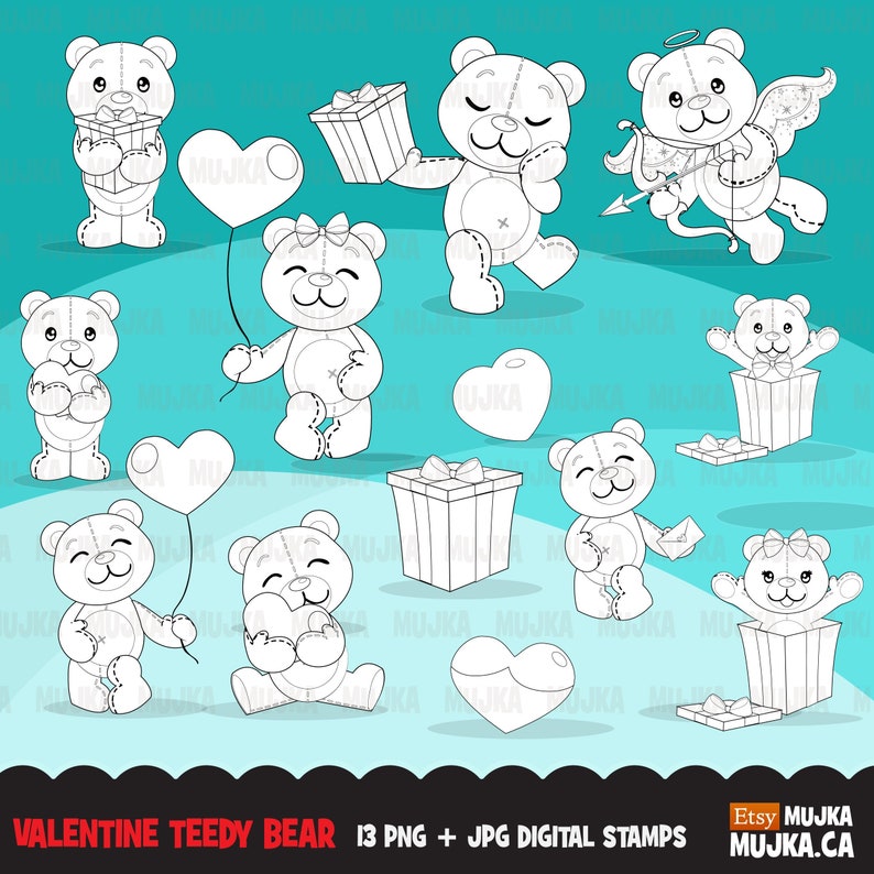 May include: A set of 13 black and white digital stamps featuring Valentine's Day teddy bears. The bears are holding hearts, gifts, and balloons. The stamps are perfect for creating cards, invitations, and other crafts.