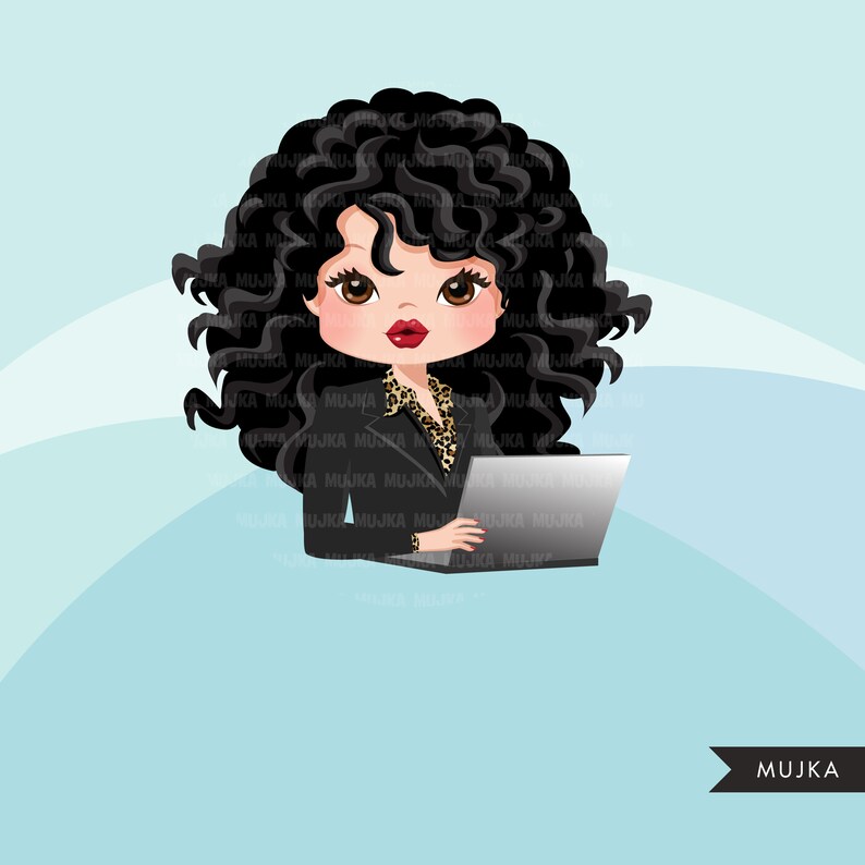 May include: A cartoon illustration of a woman with long black curly hair wearing a black blazer with a leopard print shirt underneath. She is holding a laptop computer in front of her.