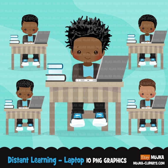 Distant Learning Clipart, Black Boys with laptop, home schooling, student homework, shop logo graphics, Png clip art Il_570xn