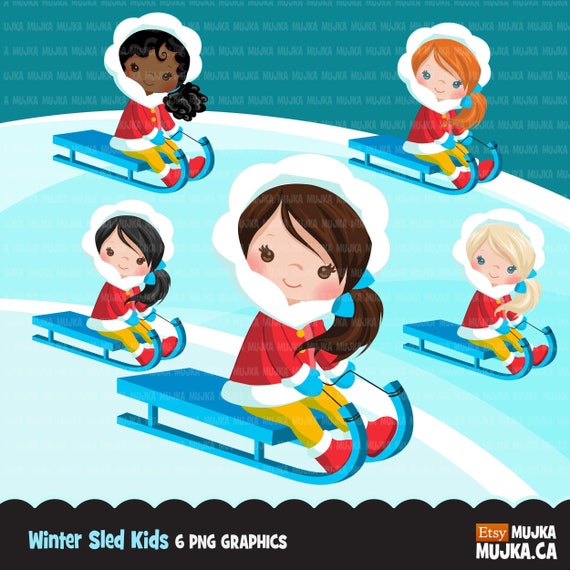 Slitta invernale neve bambini clipart, slittino per bambini, slittino,  abiti invernali, attività all'aperto, giornata di neve, uso commerciale,  grafica, bambini carini -  Italia