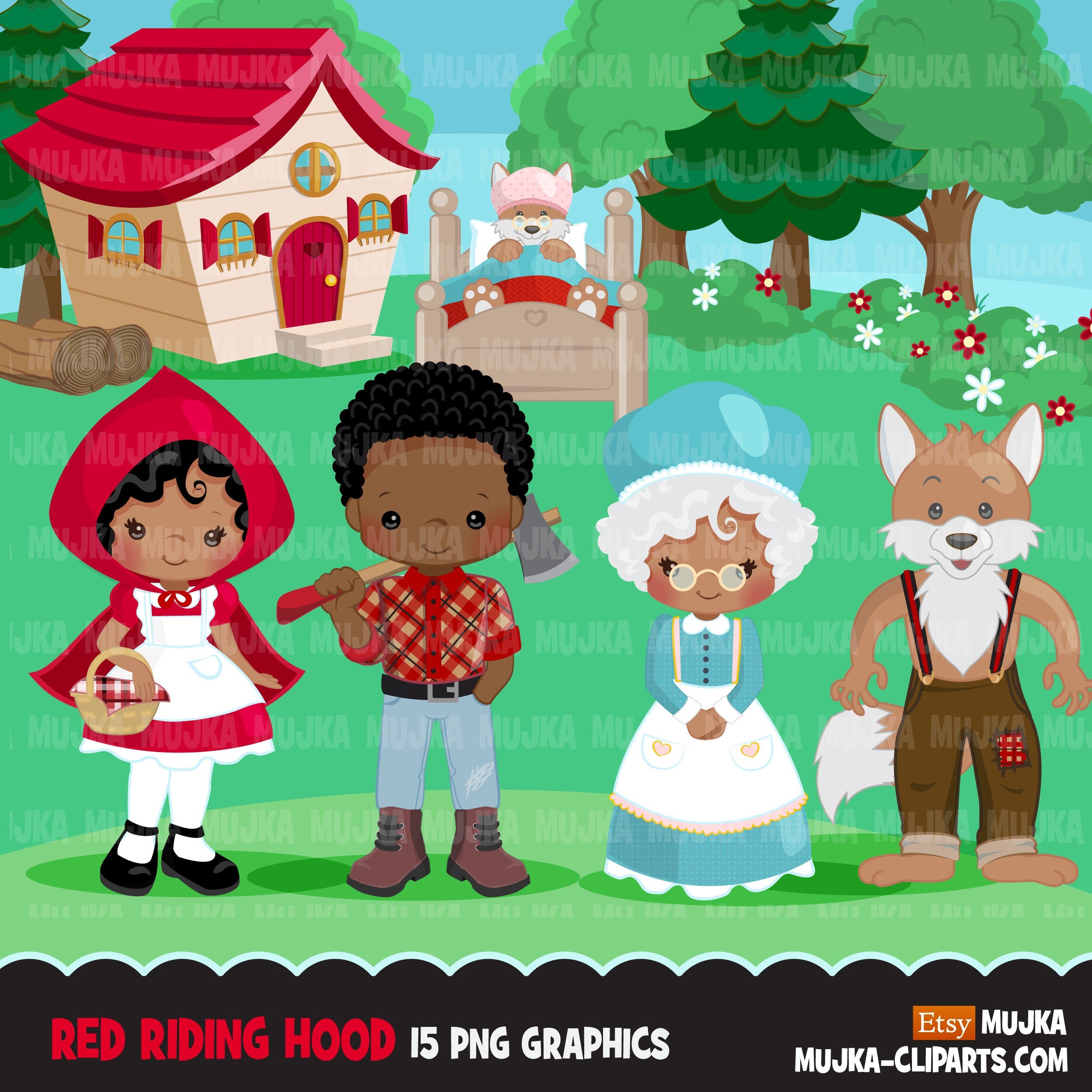Afro Black Red Riding Hood Clipart Cute Wolf Woodland Etsy