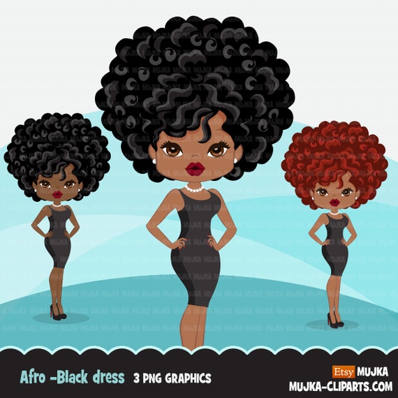 Afro woman clipart with black mini dress African-American graphics, print and cut PNG T-Shirt Designs, Black Girls clip art Il_570xn