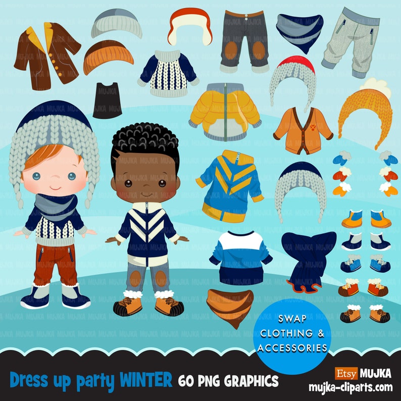 May include: A set of 60 winter clothing and accessory graphics for a dress-up party. The graphics include hats, scarves, sweaters, jackets, pants, and shoes. The graphics are in a cartoon style and are perfect for creating fun and festive winter outfits.