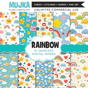 Leuke digitale regenboogpapieren, kawaii baby naadloze achtergrond, afdrukbaar achtergrondpatroon kinderkamer, digitale achtergrond baby, plakboekpapier