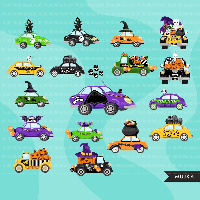 Clipart Halloween en voiture, fête en voiture, clipart défilé, fête de quarantaine, voitures halloween png, camion halloween png, graphismes de voiture image 2